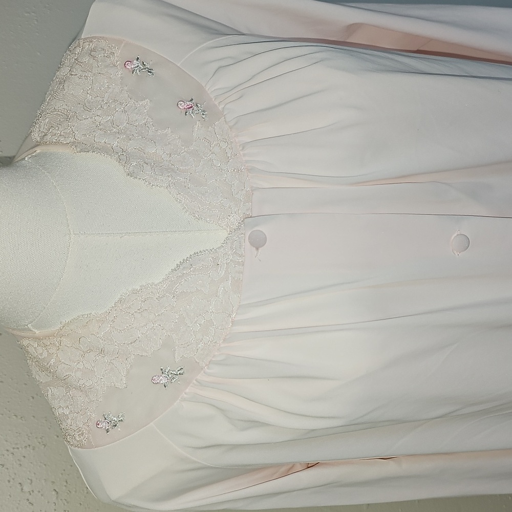 VTG Retro Shadowline Pink All Nylon Robe Womens S Pink Rosettes Lace Full Length